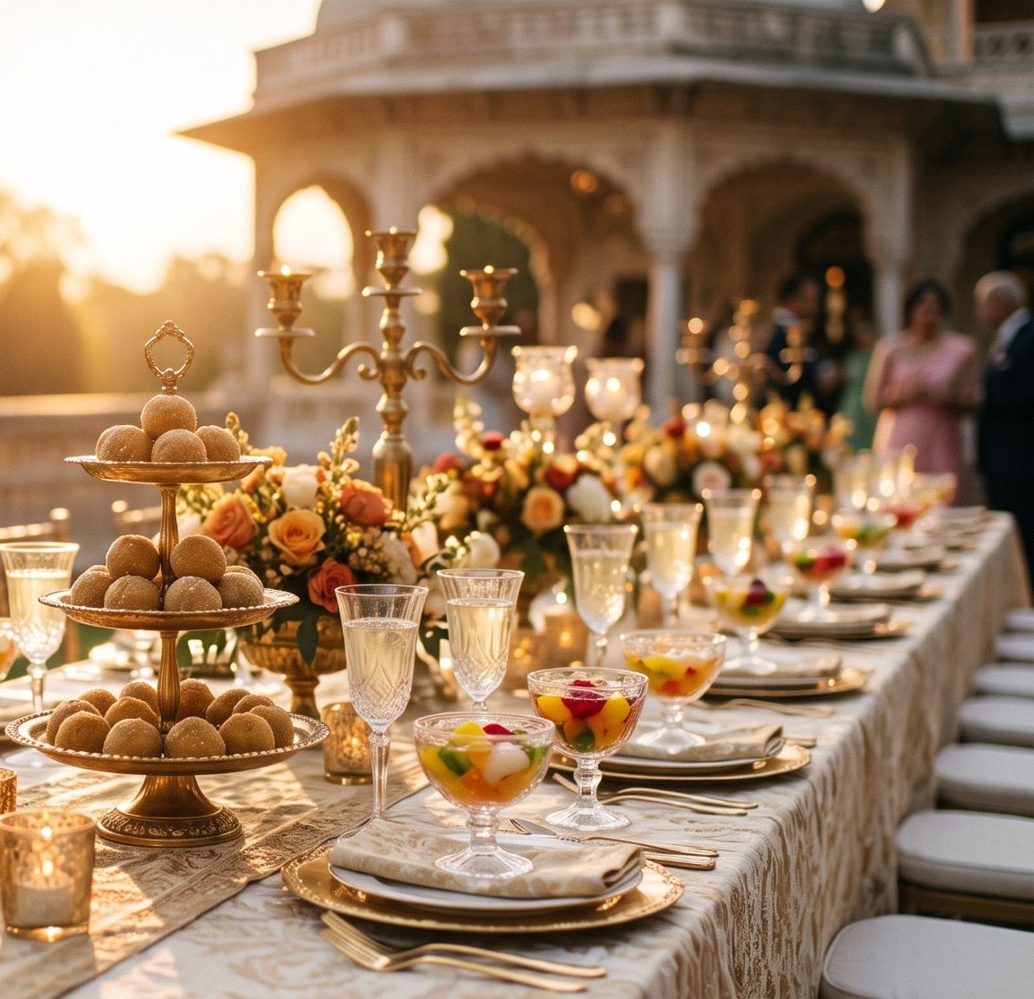Outdoor sunset reception with laddoo towers and candelabras